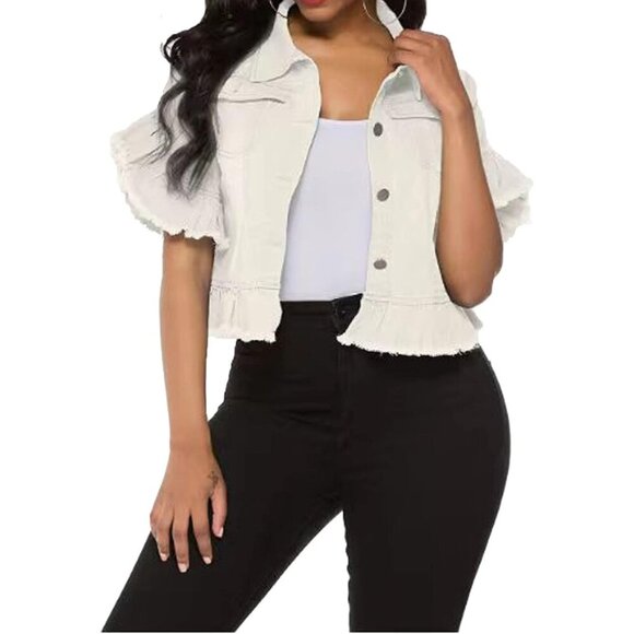 🆕Women's White Denim Jacket Button Down Ruffle Sleeve Crop Jean Jackets Coat - Picture 2 of 4